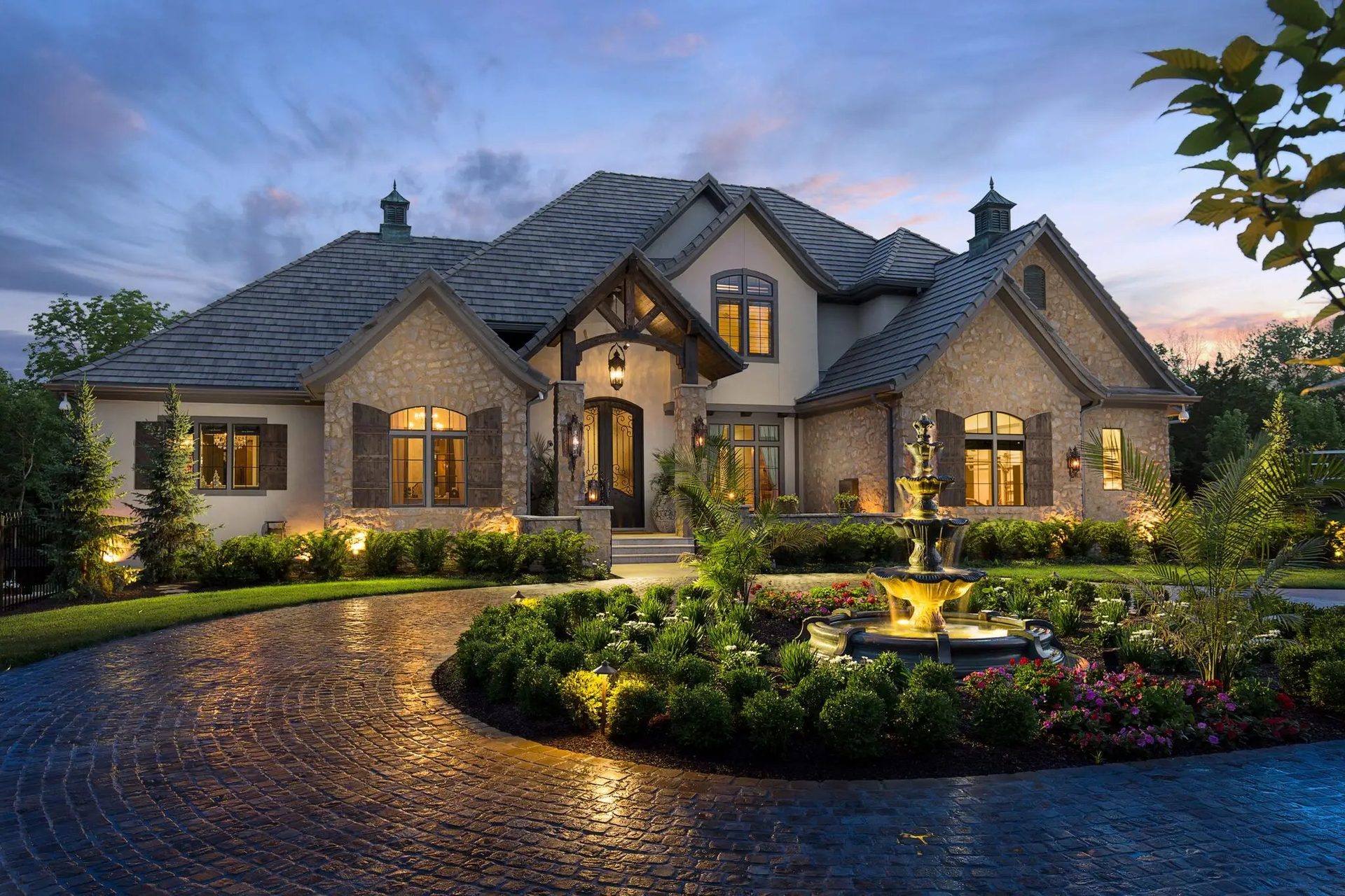 Custom home exterior at dusk