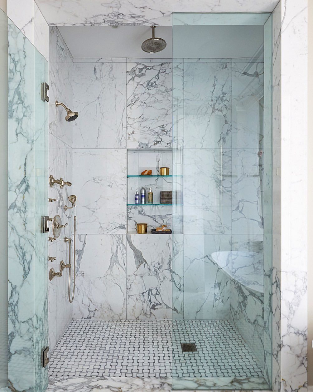 Marble tile walk-in shower