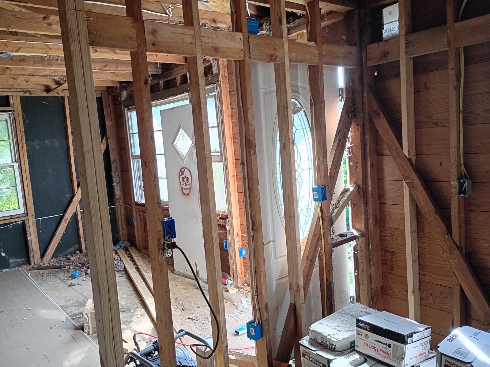 New interior framing and electrical work at Greenville House